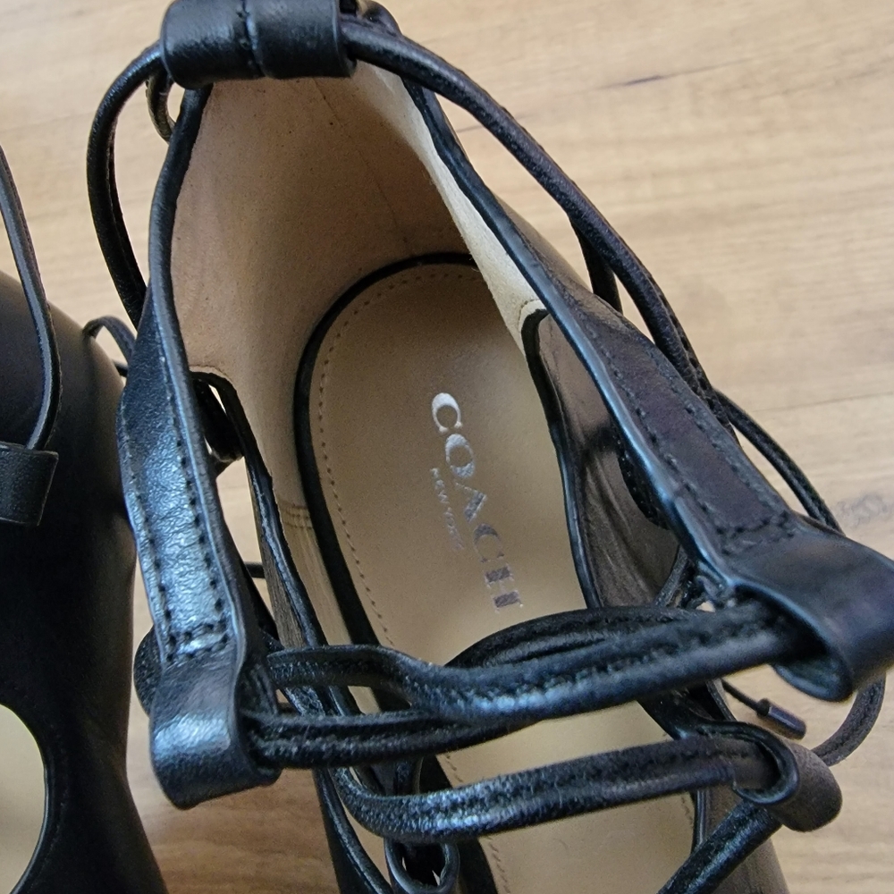 COACH Kira Lace-Up Black Leather Heels - Picture 12 of 14